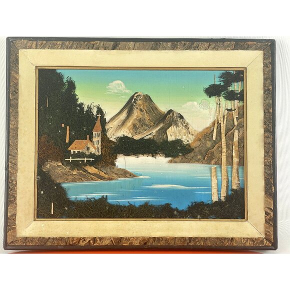 Vintage 1960s artwork, mix media organic 3D painting, bark moss landscape - Picture 3 of 10